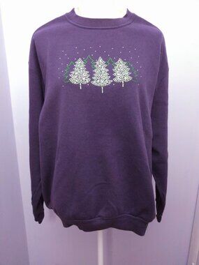 Womens 2X Vintage Holiday Sweatshirt Purple Beaded Christmas Trees Grannycore
